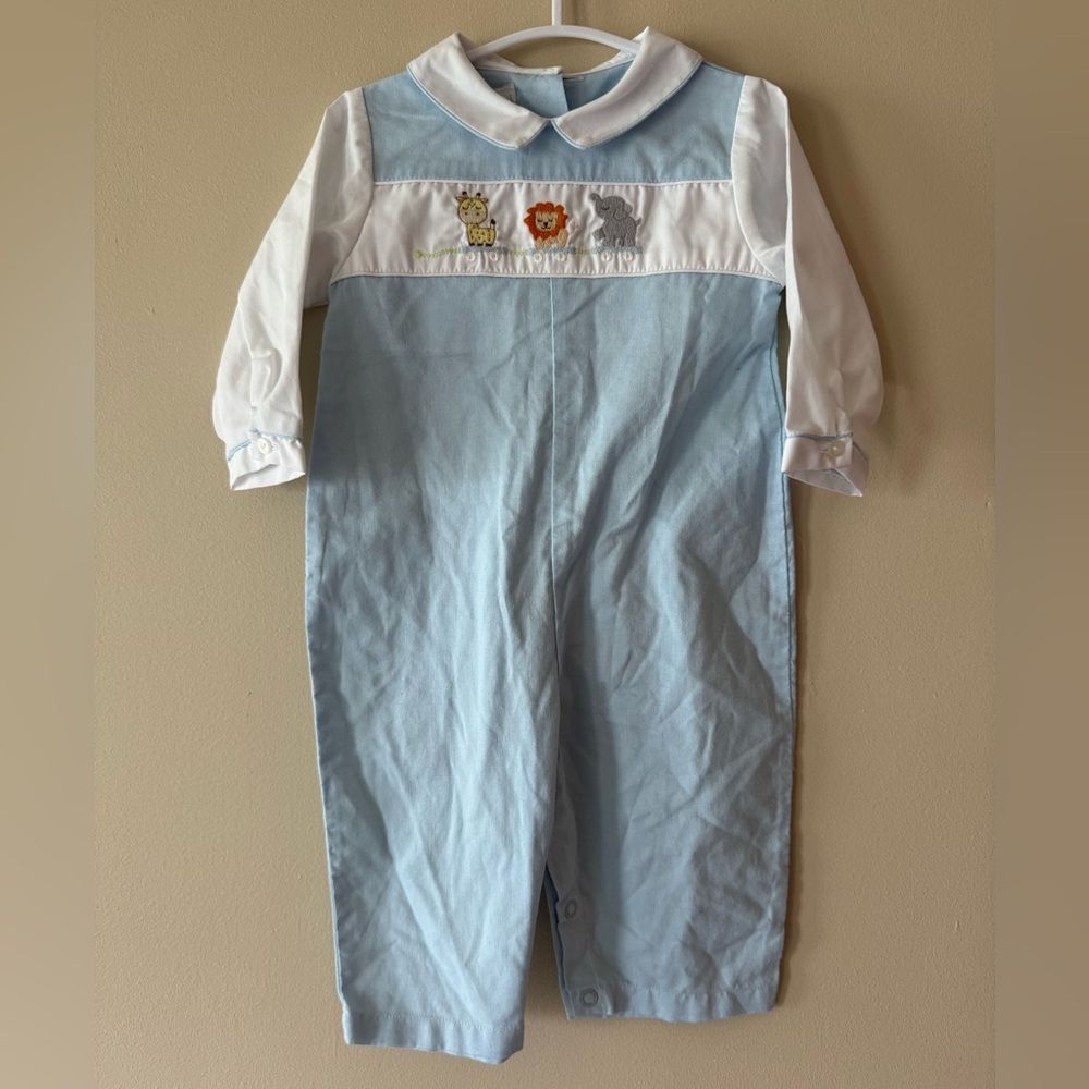 Petit Ami Light Blue Animal Embroidered collared longall